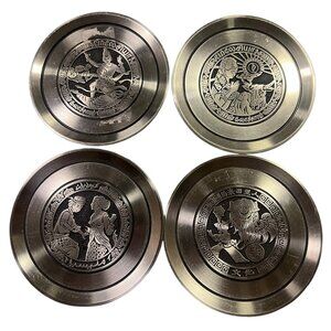 Vintage Pewter Coasters Set Of 4 Malaysia Penang Pewter 97% Etched 3.25" Rare